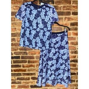 Draper James Blue Floral Lace Short Sleeve Blouse Midi Skirt Set Women's Size 6